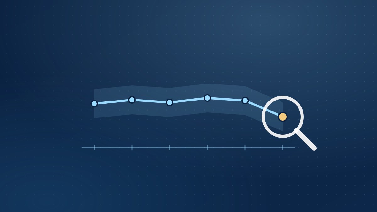 Illustration of a tracker trend line whose last wave dips, under a magnifying glass
