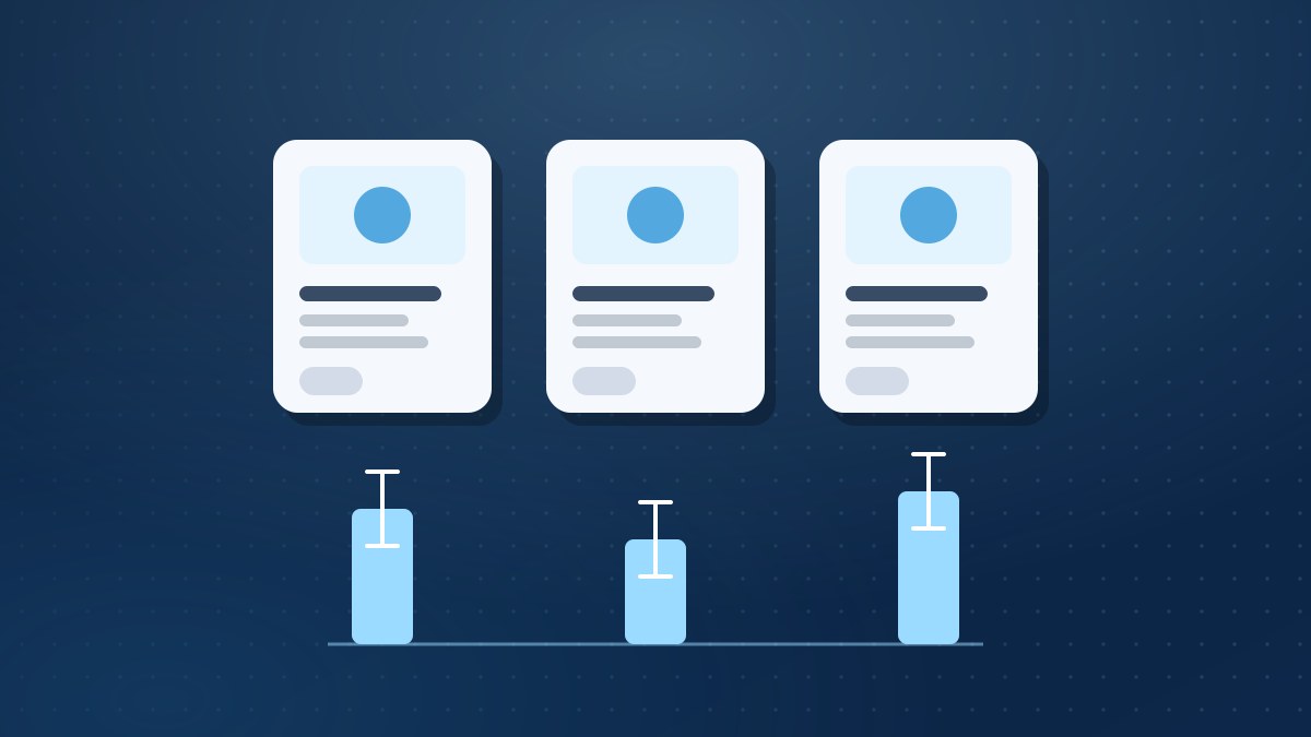 Illustration of three concept cards with score bars and overlapping error bars