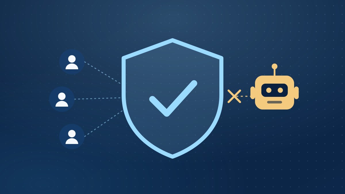 Illustration of a shield letting real respondents through and stopping a bot